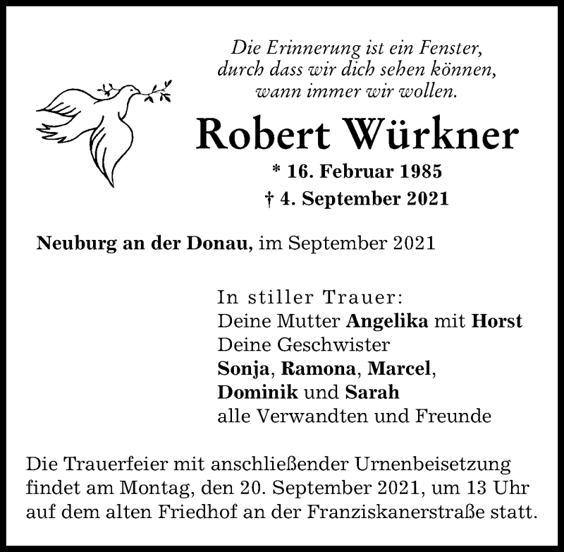  Traueranzeige für Robert Würkner vom 18.09.2021 aus Neuburger Rundschau