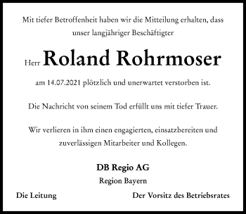 Traueranzeige von Roland Rohrmoser von Augsburger Allgemeine