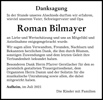Traueranzeige von Roman Bilmayer von Neu-Ulmer Zeitung