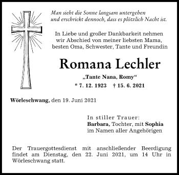 Traueranzeige von Romana Lechler von Augsburg-Land