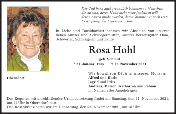 Traueranzeige von Rosa Hohl von Donauwörther Zeitung