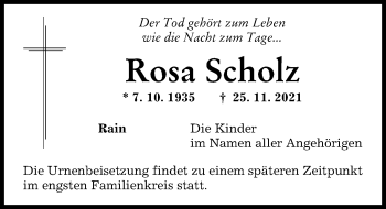 Traueranzeige von Rosa Scholz von Donauwörther Zeitung