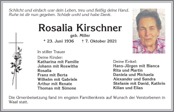 Traueranzeige von Rosalia Kirschner von Mindelheimer Zeitung