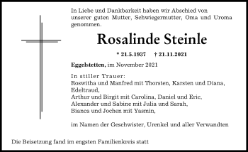 Traueranzeige von Rosalinde Steinle von Donauwörther Zeitung