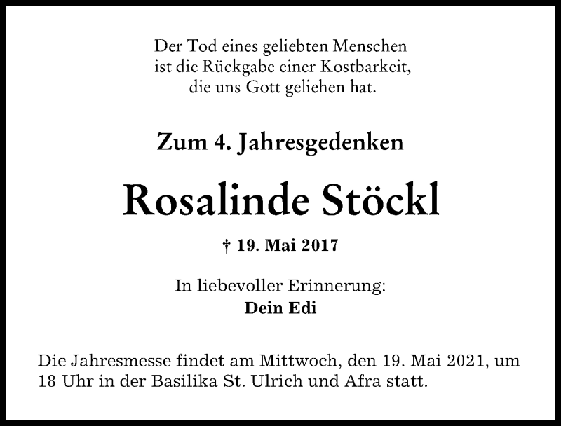  Traueranzeige für Rosalinde Stöckl vom 19.05.2021 aus Augsburger Allgemeine