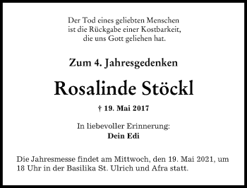 Traueranzeige von Rosalinde Stöckl von Augsburger Allgemeine