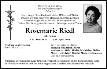 Traueranzeige von Rosemarie Riedl von Neuburger Rundschau