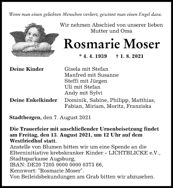 Traueranzeige von Rosmarie Moser von Augsburger Allgemeine