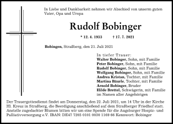 Traueranzeige von Rudolf Bobinger von Schwabmünchner Allgemeine
