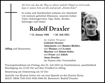 Traueranzeige von Rudolf Draxler von Aichacher Nachrichten