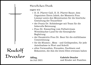 Traueranzeige von Rudolf Draxler von Aichacher Nachrichten