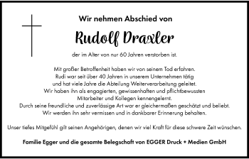 Traueranzeige von Rudolf Draxler von Aichacher Nachrichten