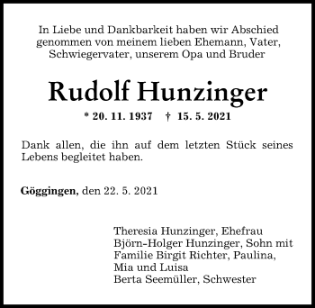 Traueranzeige von Rudolf Hunzinger von Augsburger Allgemeine
