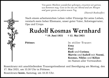 Traueranzeige von Rudolf Kosmas Wernhard von Aichacher Nachrichten