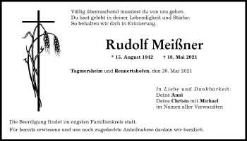 Traueranzeige von Rudolf Meißner von Donauwörther Zeitung, Neuburger Rundschau