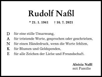 Traueranzeige von Rudolf Naßl von Friedberger Allgemeine