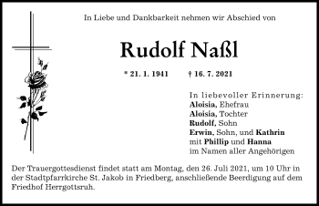 Traueranzeige von Rudolf Naßl von Friedberger Allgemeine