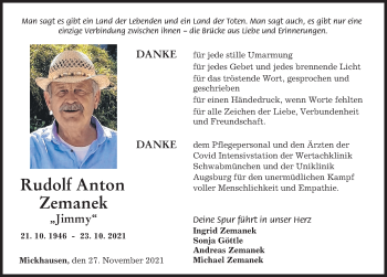 Traueranzeige von Rudolf Anton Zemanek von Augsburger Allgemeine