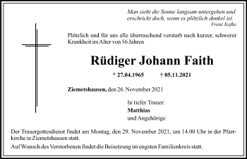 Traueranzeige von Rüdiger Johann Faith von Mittelschwäbische Nachrichten