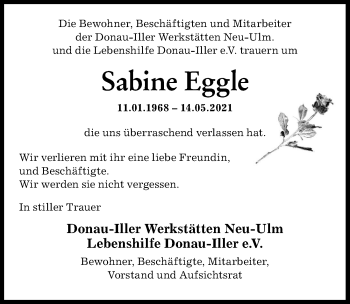 Traueranzeige von Sabine Eggle von Neu-Ulmer Zeitung