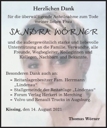 Traueranzeige von Sandra Wörner von Friedberger Allgemeine