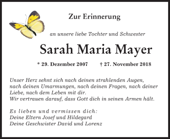 Traueranzeige von Sarah Maria Mayer von Neu-Ulmer Zeitung
