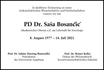 Traueranzeige von Sasa Bosancic von Augsburger Allgemeine