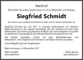 Traueranzeige von Siegfried Schmidt von Mittelschwäbische Nachrichten