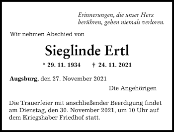 Traueranzeige von Sieglinde Ertl von Augsburger Allgemeine