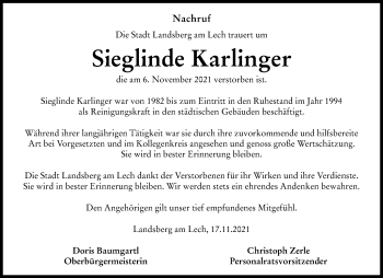 Traueranzeige von Sieglinde Karlinger von Landsberger Tagblatt