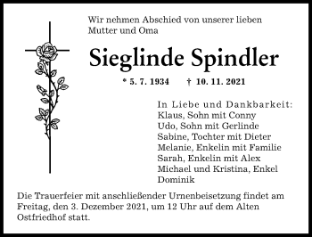 Traueranzeige von Sieglinde Spindler von Augsburger Allgemeine