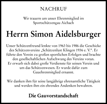 Traueranzeige von Simon Aidelsburger von Aichacher Nachrichten