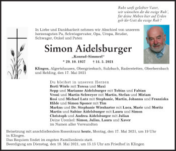 Traueranzeige von Simon Aidelsburger von Aichacher Nachrichten