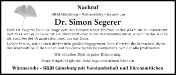 Traueranzeige von Simon Segerer von Günzburger Zeitung
