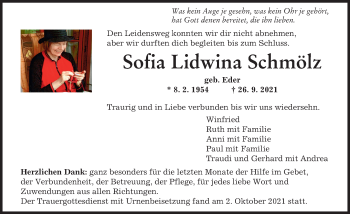Traueranzeige von Sofia Lidwina Schmölz von Memminger Zeitung