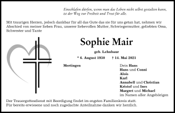 Traueranzeige von Sophie Mair von Donauwörther Zeitung