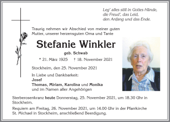 Traueranzeige von Stefanie Winkler von Mindelheimer Zeitung