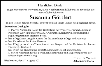 Traueranzeige von Susanna Göttfert von Günzburger Zeitung
