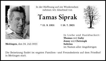 Traueranzeige von Tamas Siprak von Augsburg-Land
