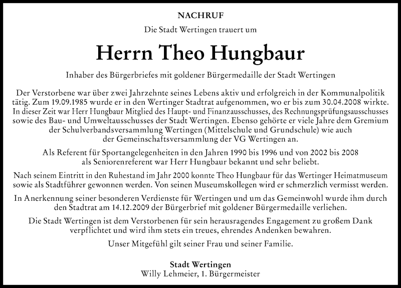  Traueranzeige für Theo Hungbaur vom 25.08.2021 aus Wertinger Zeitung