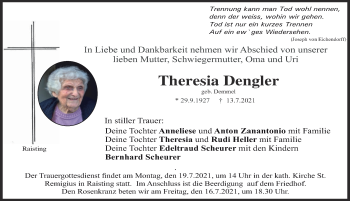 Traueranzeige von Theresia Dengler von Ammersee Kurier