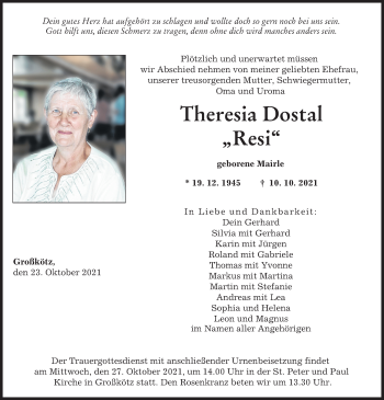 Traueranzeige von Theresia Dostal von Günzburger Zeitung