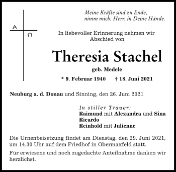 Traueranzeige von Theresia Stachel von Neuburger Rundschau