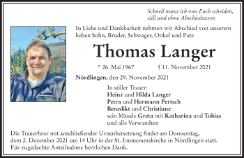 Traueranzeige von Thomas Langer von Rieser Nachrichten