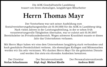 Traueranzeige von Thomas Mayr von Landsberger Tagblatt