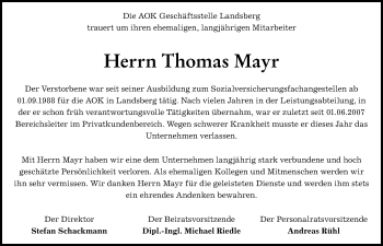 Traueranzeige von Thomas Mayr von Ammersee Kurier