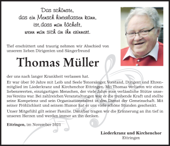 Traueranzeige von Thomas Müller von Mindelheimer Zeitung