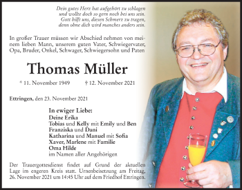 Traueranzeige von Thomas Müller von Mindelheimer Zeitung