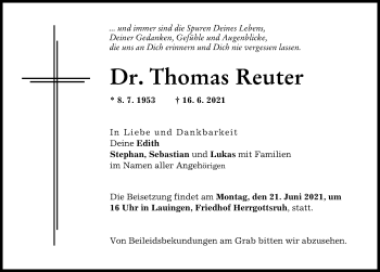 Traueranzeige von Thomas Reuter von Donau Zeitung