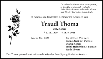 Traueranzeige von Traudl Thoma von Illertisser Zeitung